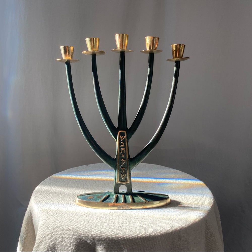 {SOLD} Mid-century Modern Brass Candelabra Menorah - Picture 1 of 12